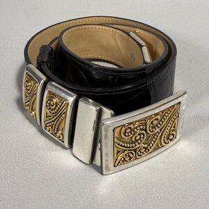 STREETS AHEAD Vintage Black Croc Embossed Leather Silver Plated Buckle Belt